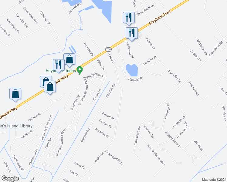 map of restaurants, bars, coffee shops, grocery stores, and more near 3295 Berryhill Road in Johns Island