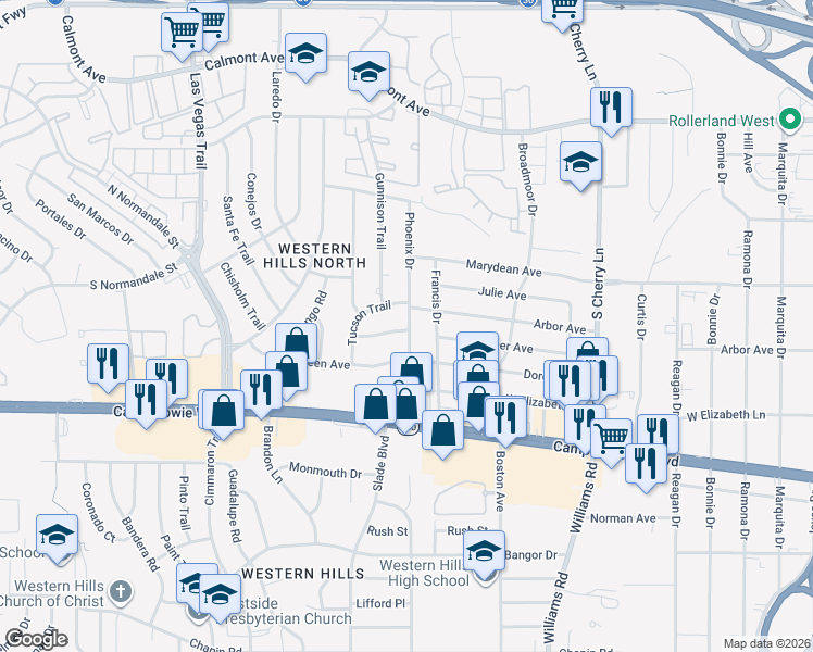 map of restaurants, bars, coffee shops, grocery stores, and more near Saddle Sky Trail in Fort Worth