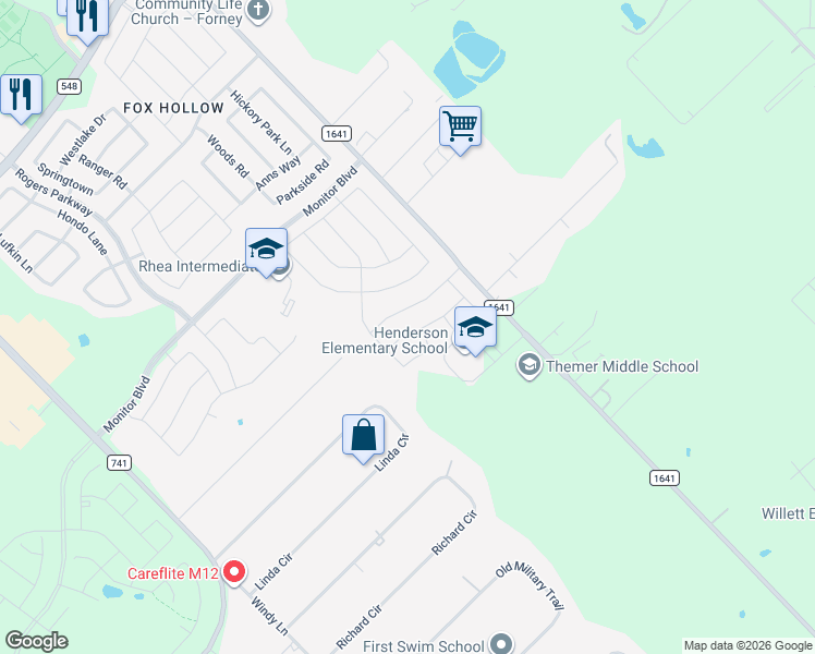 map of restaurants, bars, coffee shops, grocery stores, and more near 149 Conchas Drive in Forney