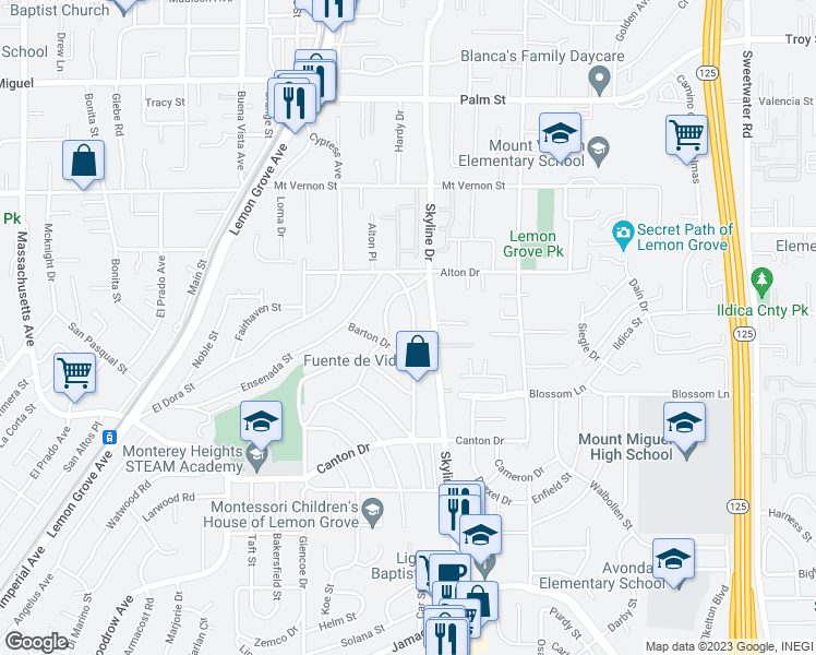map of restaurants, bars, coffee shops, grocery stores, and more near 1938 Englewood Drive in Lemon Grove
