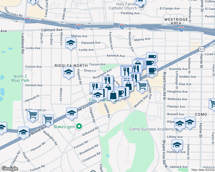 map of restaurants, bars, coffee shops, grocery stores, and more near 6371 Greenway Road in Fort Worth