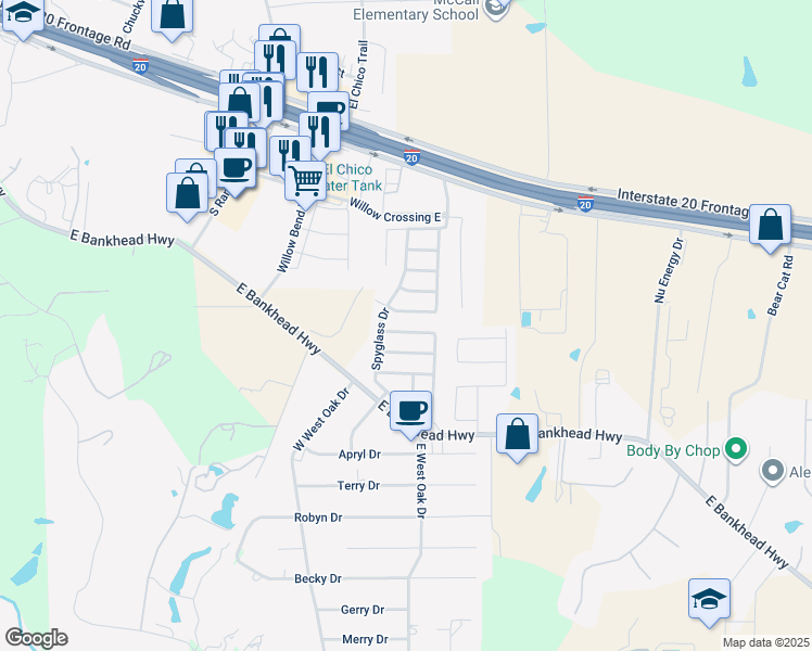 map of restaurants, bars, coffee shops, grocery stores, and more near 122 Muirfield Drive in Willow Park
