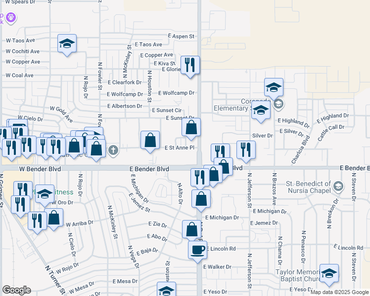 map of restaurants, bars, coffee shops, grocery stores, and more near 573 E Street Anne Place in Hobbs