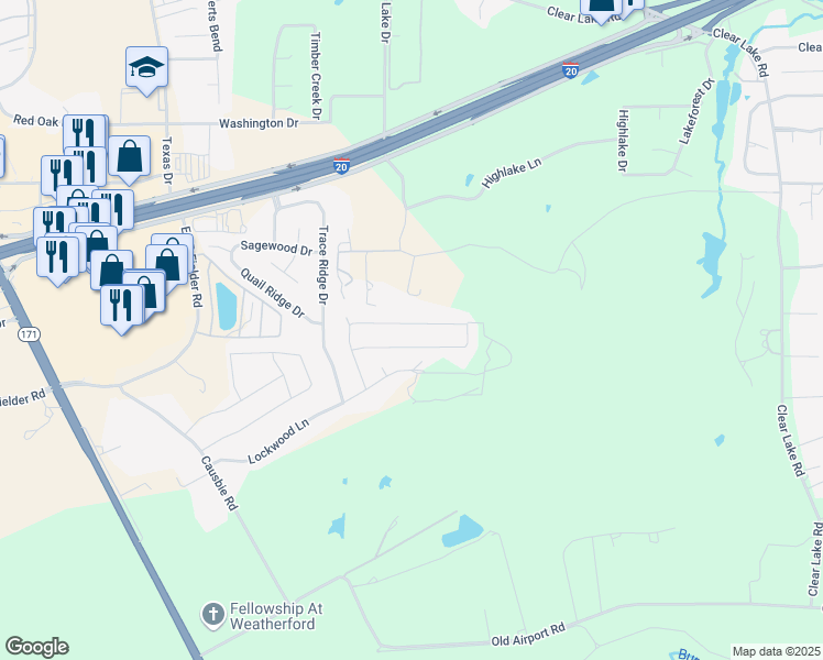 map of restaurants, bars, coffee shops, grocery stores, and more near 538 Ethan Drive in Weatherford