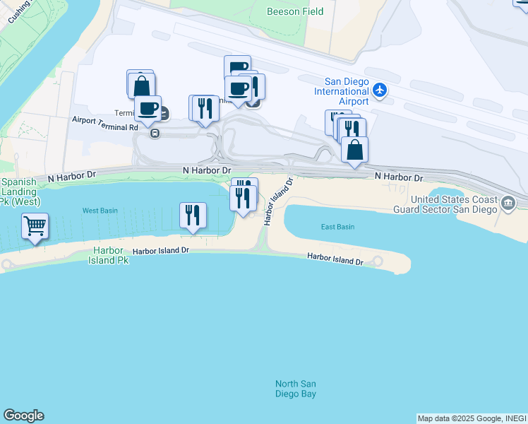 map of restaurants, bars, coffee shops, grocery stores, and more near 138 Harbor Island Drive in San Diego