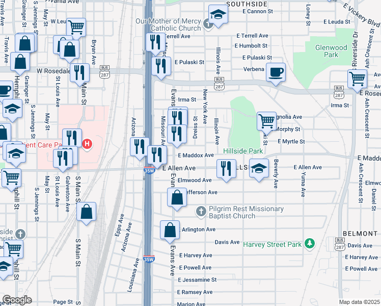 map of restaurants, bars, coffee shops, grocery stores, and more near 929 East Maddox Avenue in Fort Worth