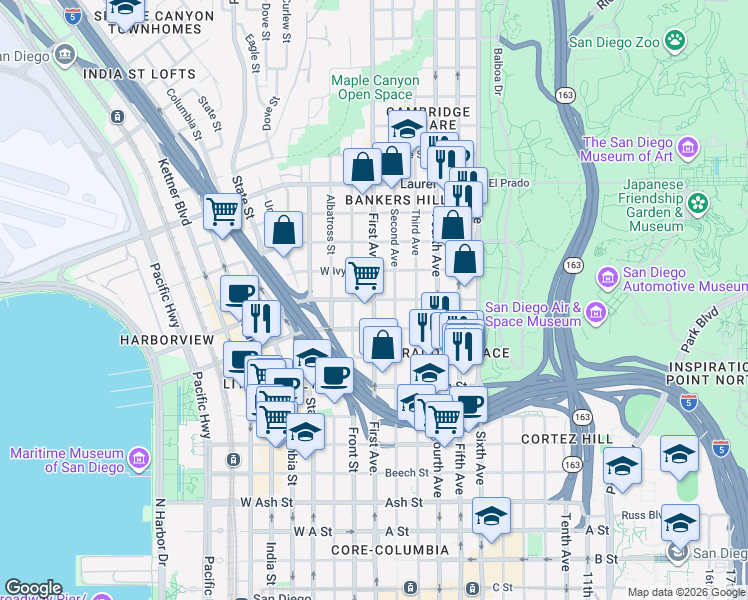 map of restaurants, bars, coffee shops, grocery stores, and more near 1st Avenue & Hawthorn Street in San Diego
