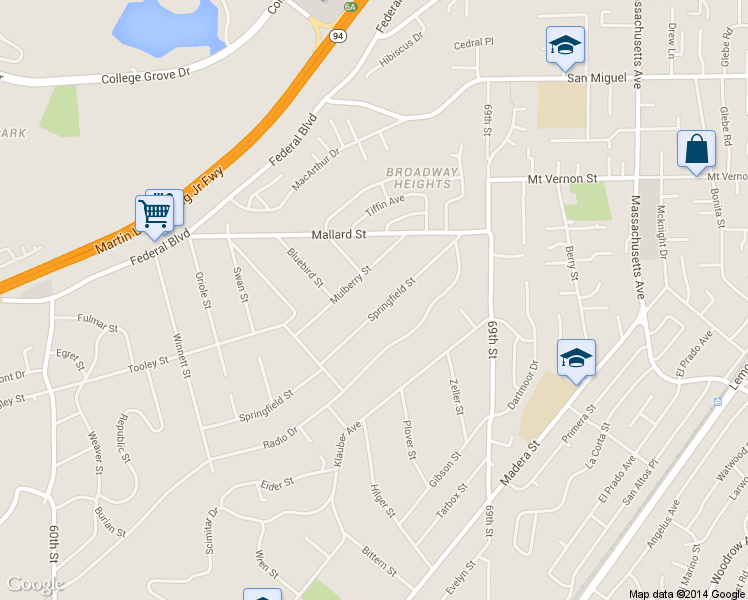 map of restaurants, bars, coffee shops, grocery stores, and more near 6692 Springfield Street in San Diego