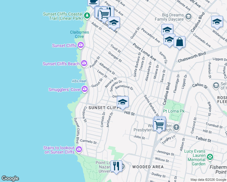 map of restaurants, bars, coffee shops, grocery stores, and more near 1045 Sorrento Drive in San Diego