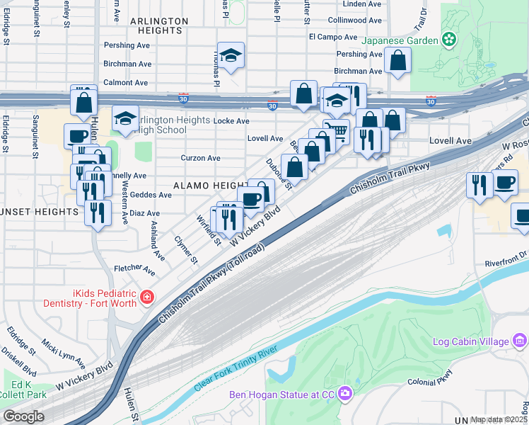 map of restaurants, bars, coffee shops, grocery stores, and more near 4100 West Vickery Boulevard in Fort Worth