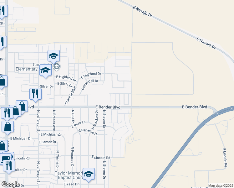 map of restaurants, bars, coffee shops, grocery stores, and more near 2327 North Desert Willow Lane in Hobbs