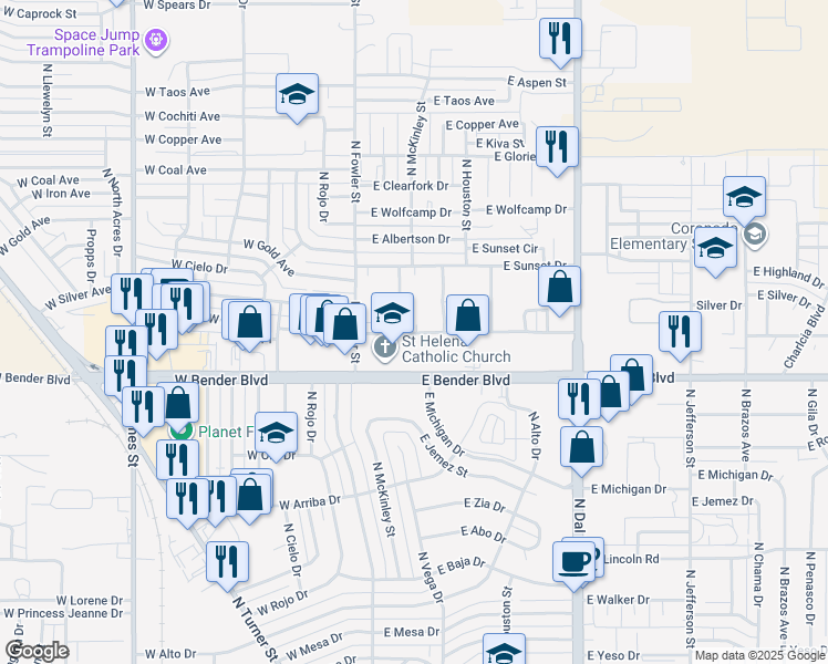 map of restaurants, bars, coffee shops, grocery stores, and more near 300 East Street Anne Place in Hobbs