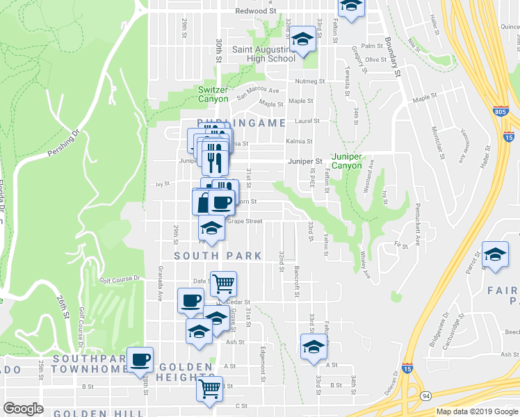 map of restaurants, bars, coffee shops, grocery stores, and more near in San Diego