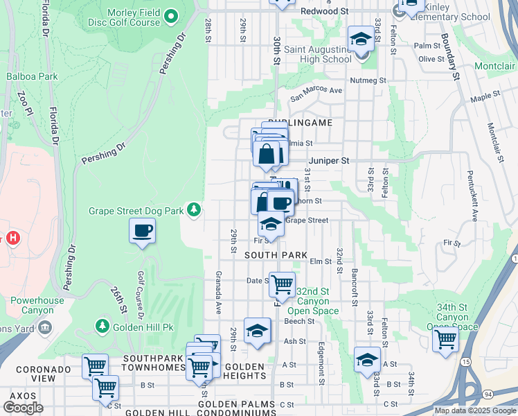 map of restaurants, bars, coffee shops, grocery stores, and more near 2014 30th Street in San Diego