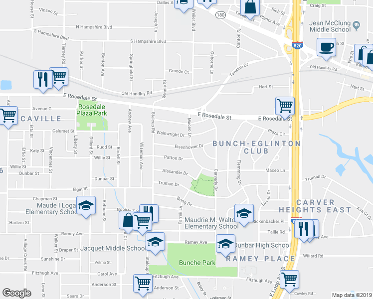 map of restaurants, bars, coffee shops, grocery stores, and more near 5552 Eisenhower Drive in Fort Worth