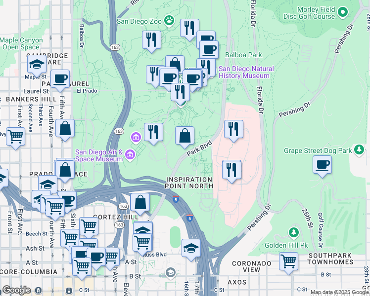 map of restaurants, bars, coffee shops, grocery stores, and more near 2100 Park Boulevard in San Diego