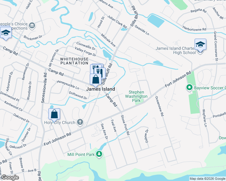 map of restaurants, bars, coffee shops, grocery stores, and more near 1114 Camp Road in Charleston