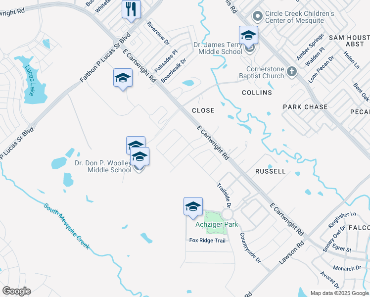 map of restaurants, bars, coffee shops, grocery stores, and more near 3900 East Cartwright Road in Mesquite