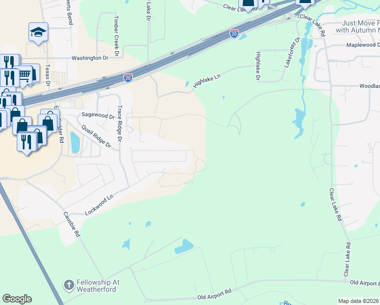 map of restaurants, bars, coffee shops, grocery stores, and more near 670 Ethan Drive in Weatherford