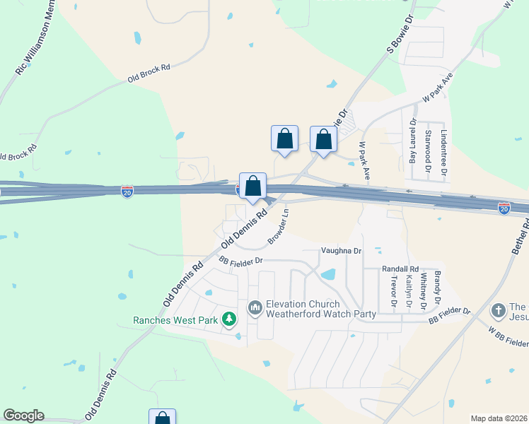 map of restaurants, bars, coffee shops, grocery stores, and more near 2373 Old Dennis Road in Weatherford