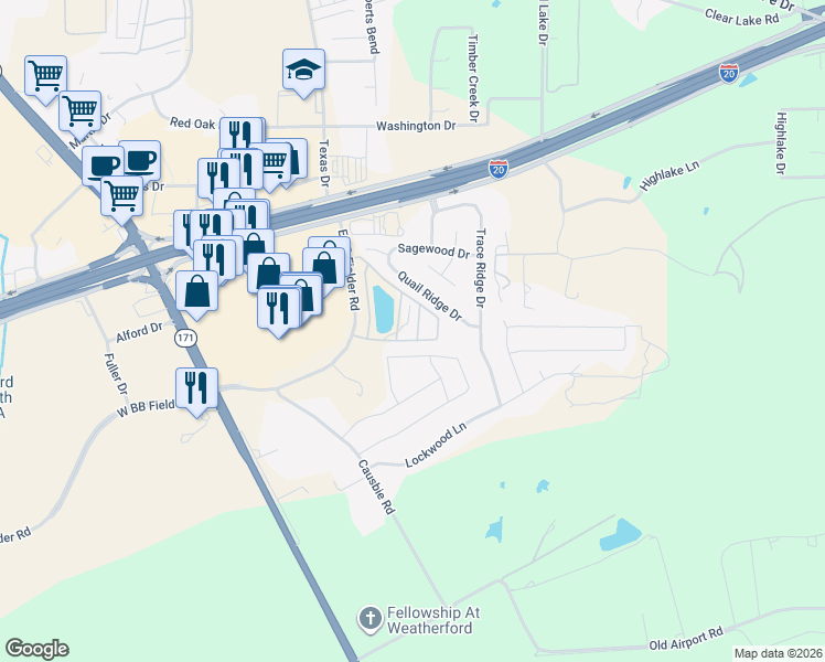map of restaurants, bars, coffee shops, grocery stores, and more near 525 Paloma St in Weatherford