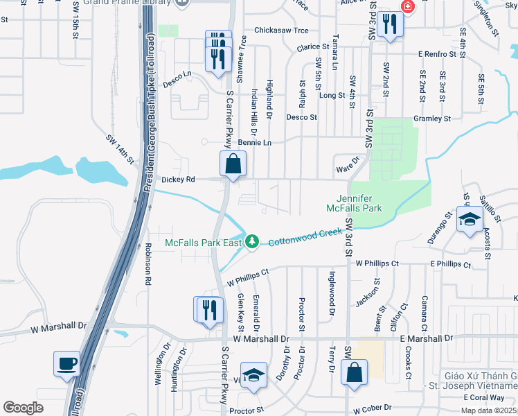 map of restaurants, bars, coffee shops, grocery stores, and more near 565 Dickey Road in Grand Prairie
