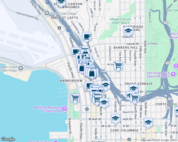 map of restaurants, bars, coffee shops, grocery stores, and more near 2159 India Street in San Diego