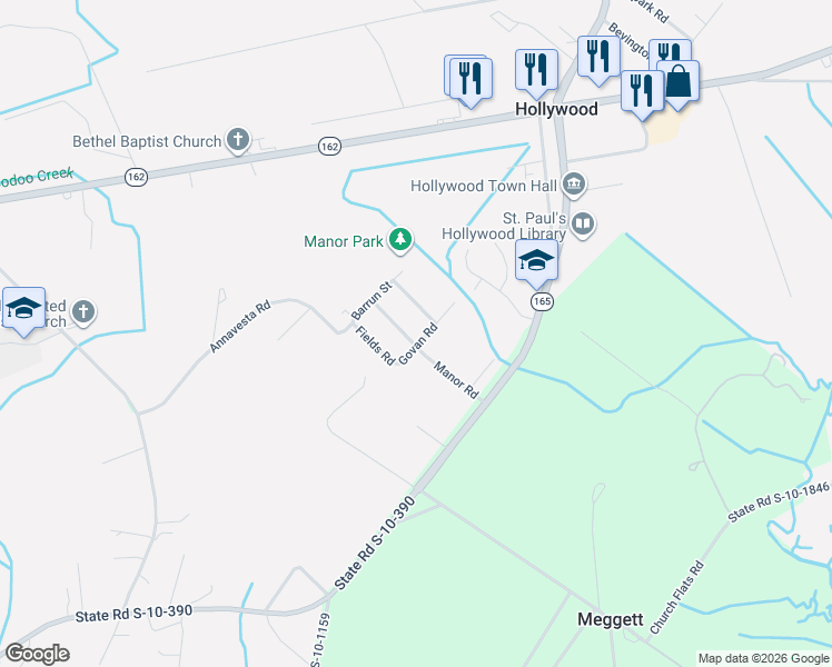 map of restaurants, bars, coffee shops, grocery stores, and more near 5046 Govan Road in Meggett