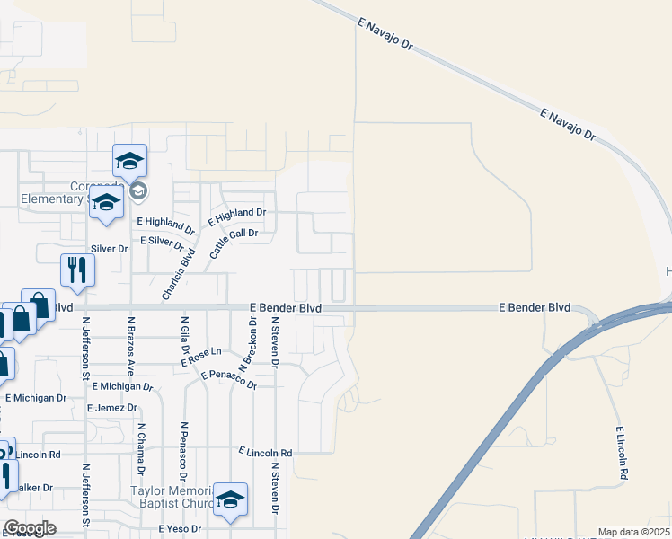 map of restaurants, bars, coffee shops, grocery stores, and more near 2326 North Juniper Lane in Hobbs