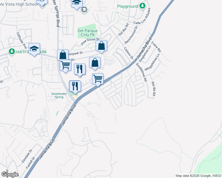 map of restaurants, bars, coffee shops, grocery stores, and more near 10707 Jamacha Boulevard in Spring Valley