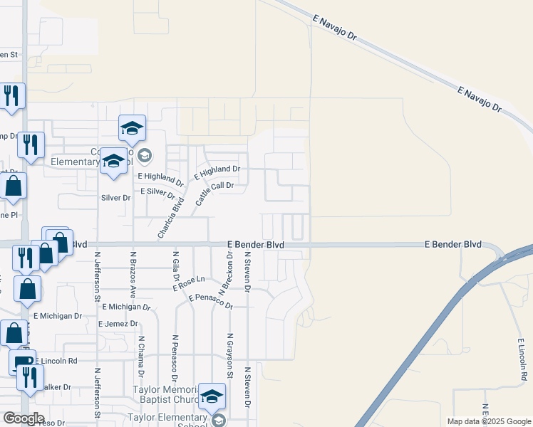 map of restaurants, bars, coffee shops, grocery stores, and more near East Arbors Avenue in Hobbs