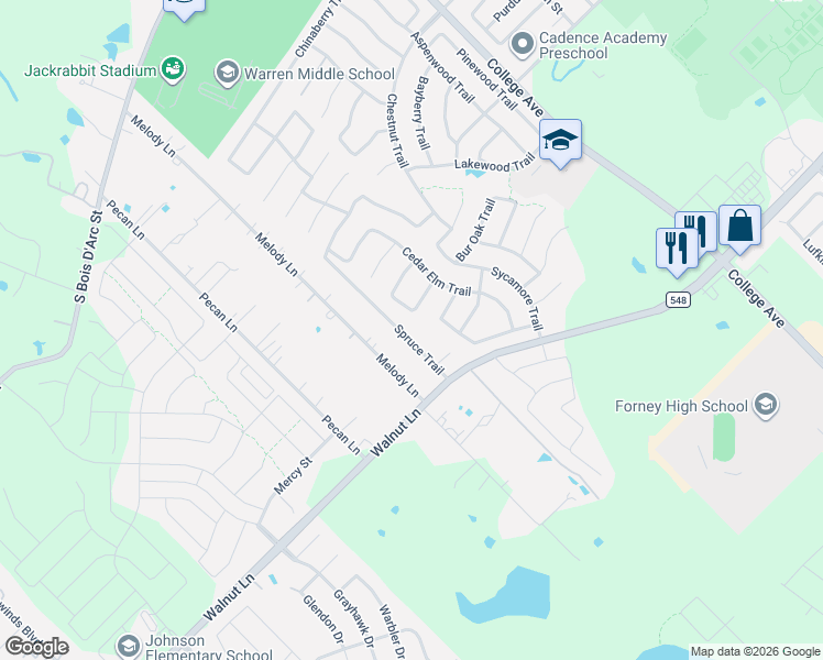 map of restaurants, bars, coffee shops, grocery stores, and more near 601 Spruce Trail in Forney