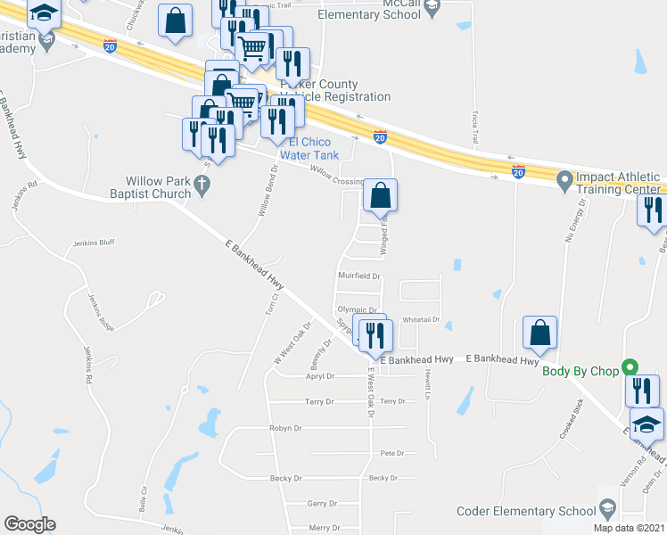 map of restaurants, bars, coffee shops, grocery stores, and more near 306 Spyglass Drive in Willow Park