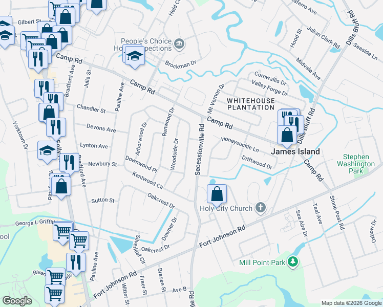 map of restaurants, bars, coffee shops, grocery stores, and more near 1073 Kentwood Circle in Charleston