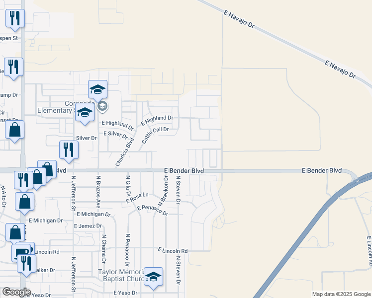 map of restaurants, bars, coffee shops, grocery stores, and more near 2020 East Arbors Avenue in Hobbs
