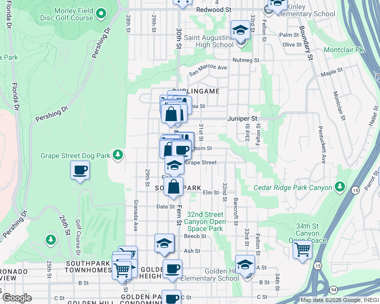 map of restaurants, bars, coffee shops, grocery stores, and more near 3030 Grape Street in San Diego