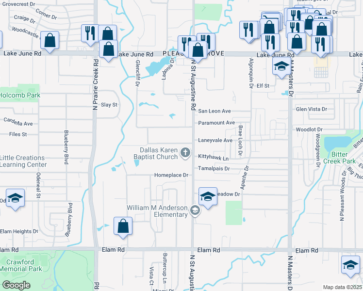 map of restaurants, bars, coffee shops, grocery stores, and more near 9422 Laneyvale Avenue in Dallas