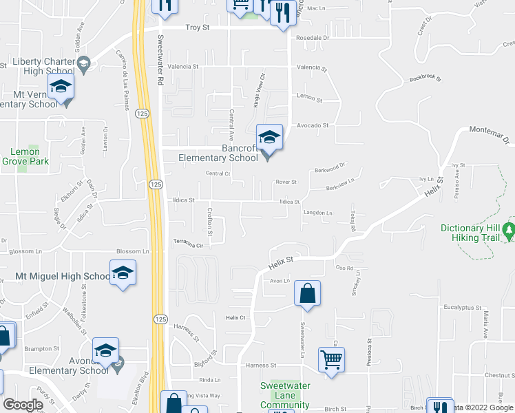 map of restaurants, bars, coffee shops, grocery stores, and more near 8859 Ildica Street in Spring Valley