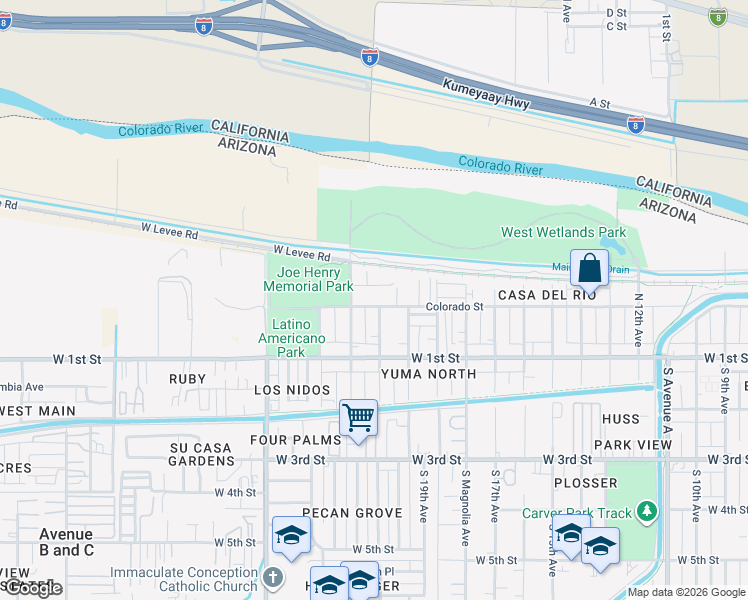 map of restaurants, bars, coffee shops, grocery stores, and more near 2153-2199 Colorado St in Yuma