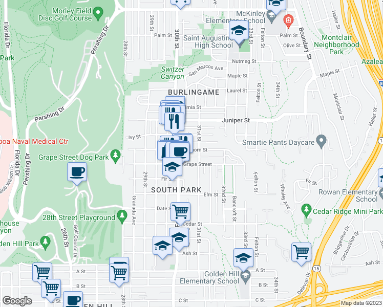 map of restaurants, bars, coffee shops, grocery stores, and more near in San Diego