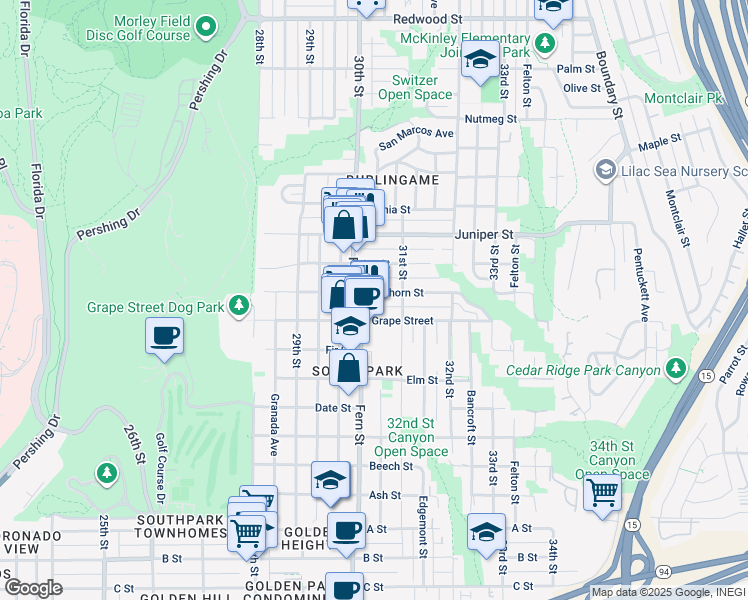 map of restaurants, bars, coffee shops, grocery stores, and more near 3030 Grape Street in San Diego