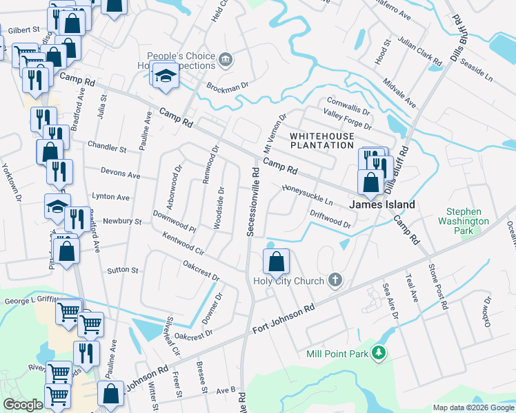 map of restaurants, bars, coffee shops, grocery stores, and more near 1086 Secessionville Road in Charleston