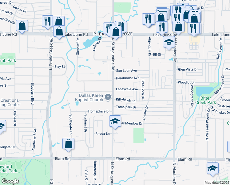 map of restaurants, bars, coffee shops, grocery stores, and more near 9530 Laneyvale Avenue in Dallas