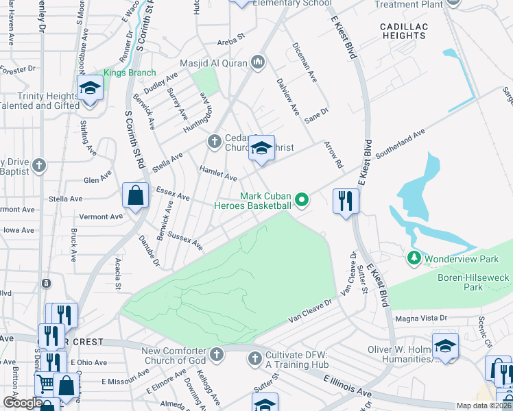 map of restaurants, bars, coffee shops, grocery stores, and more near 1654 Kent Street in Dallas
