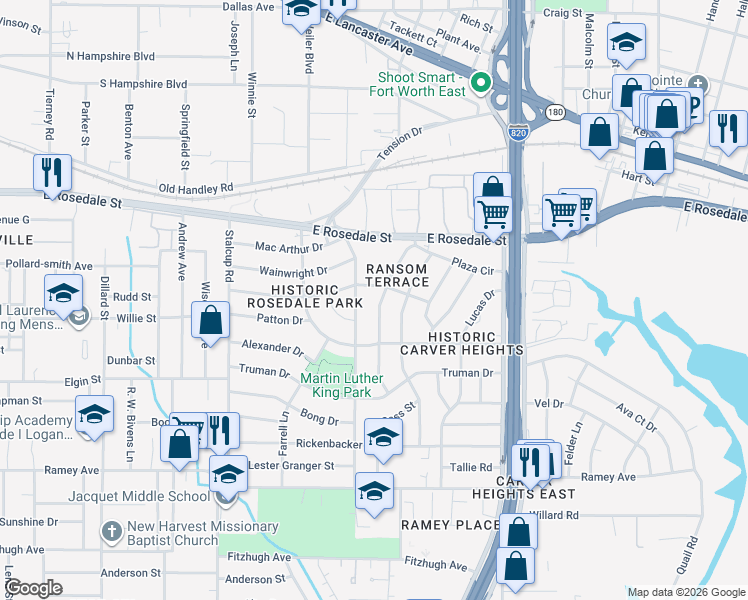 map of restaurants, bars, coffee shops, grocery stores, and more near 1817 Carverly Drive in Fort Worth