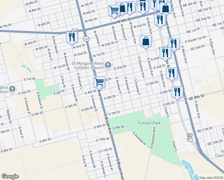 map of restaurants, bars, coffee shops, grocery stores, and more near 505 South Avenue I in Lamesa