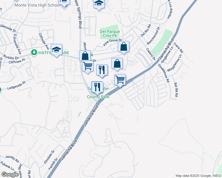 map of restaurants, bars, coffee shops, grocery stores, and more near 10660 Busch Street in Spring Valley