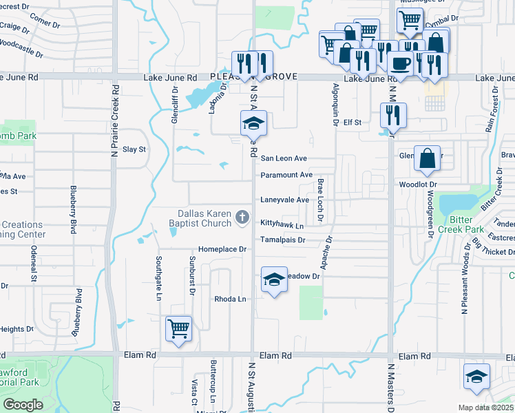 map of restaurants, bars, coffee shops, grocery stores, and more near 9530 Laneyvale Avenue in Dallas