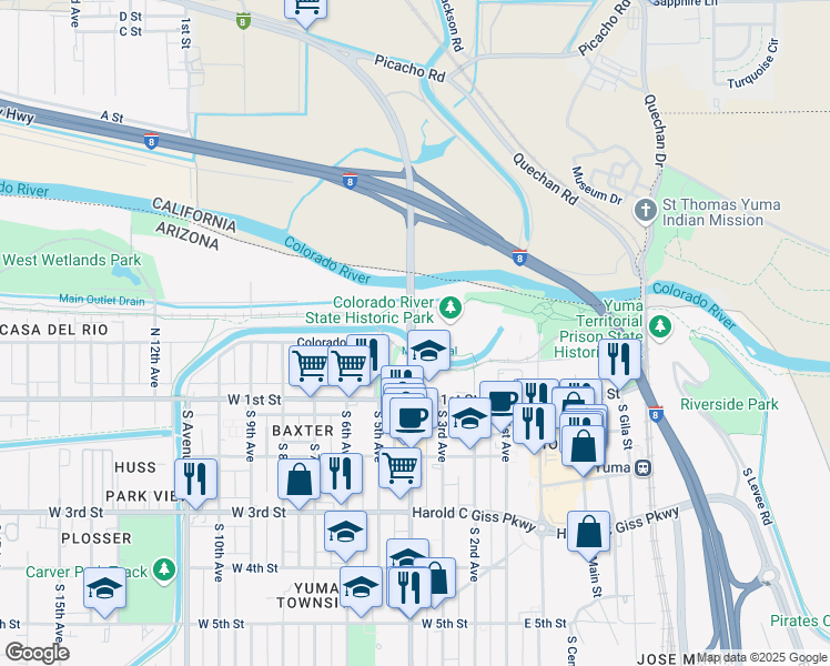 map of restaurants, bars, coffee shops, grocery stores, and more near 201 North 4th Avenue in Yuma