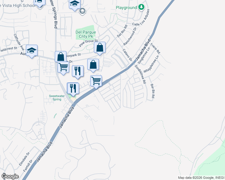 map of restaurants, bars, coffee shops, grocery stores, and more near 10707 Jamacha Boulevard in Spring Valley